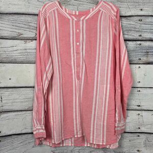 d&Co Linen Blend Pink White Stripe Button Top XL